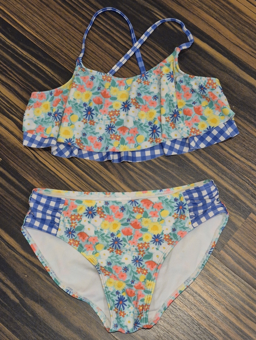 Cat & Jack Floral Gingham Girls' Bikini - Blue, Yellow, Pink, White